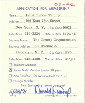 1971 Donald Trump Signed Application to Become a Junior Male Member of the LE Club Dated 5/28/71 - Trump Credits This to His Career Success - One of His Earliest Signatures(Beckett)